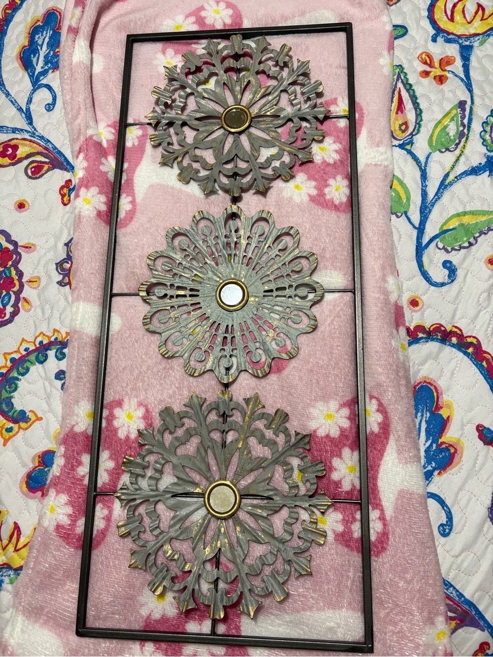 Ornamental Metal Wall Art - Gray and Gold Floral Medallions